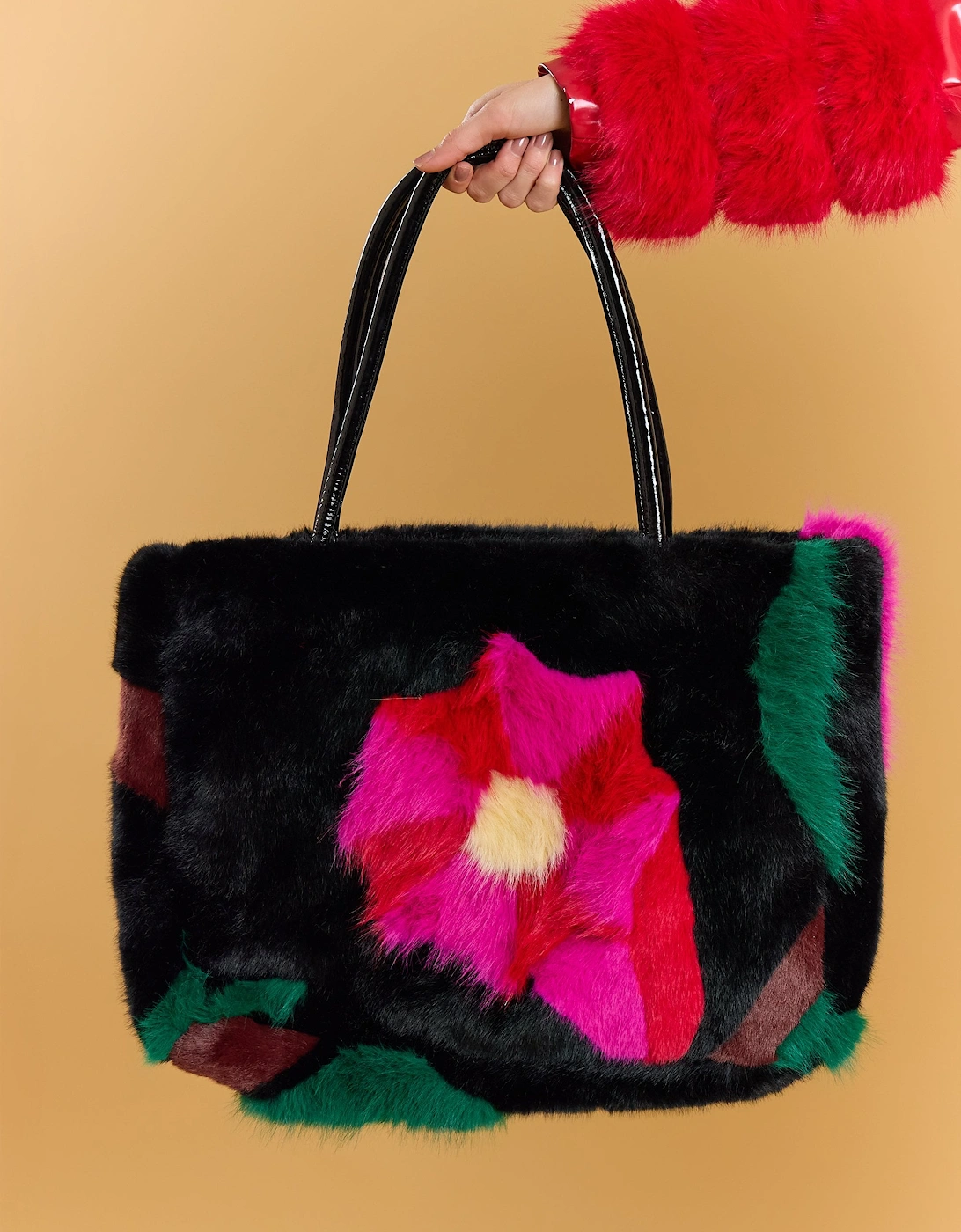 Black Handmade Bamboo Floral Faux Fur Bag