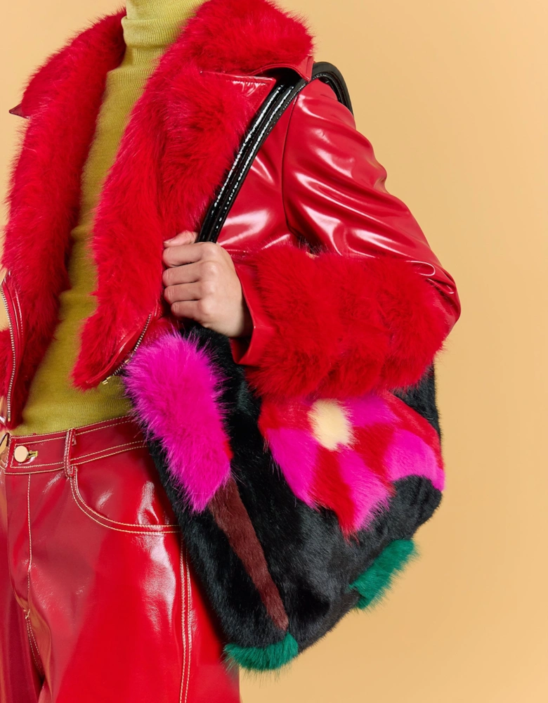 Black Handmade Bamboo Floral Faux Fur Bag