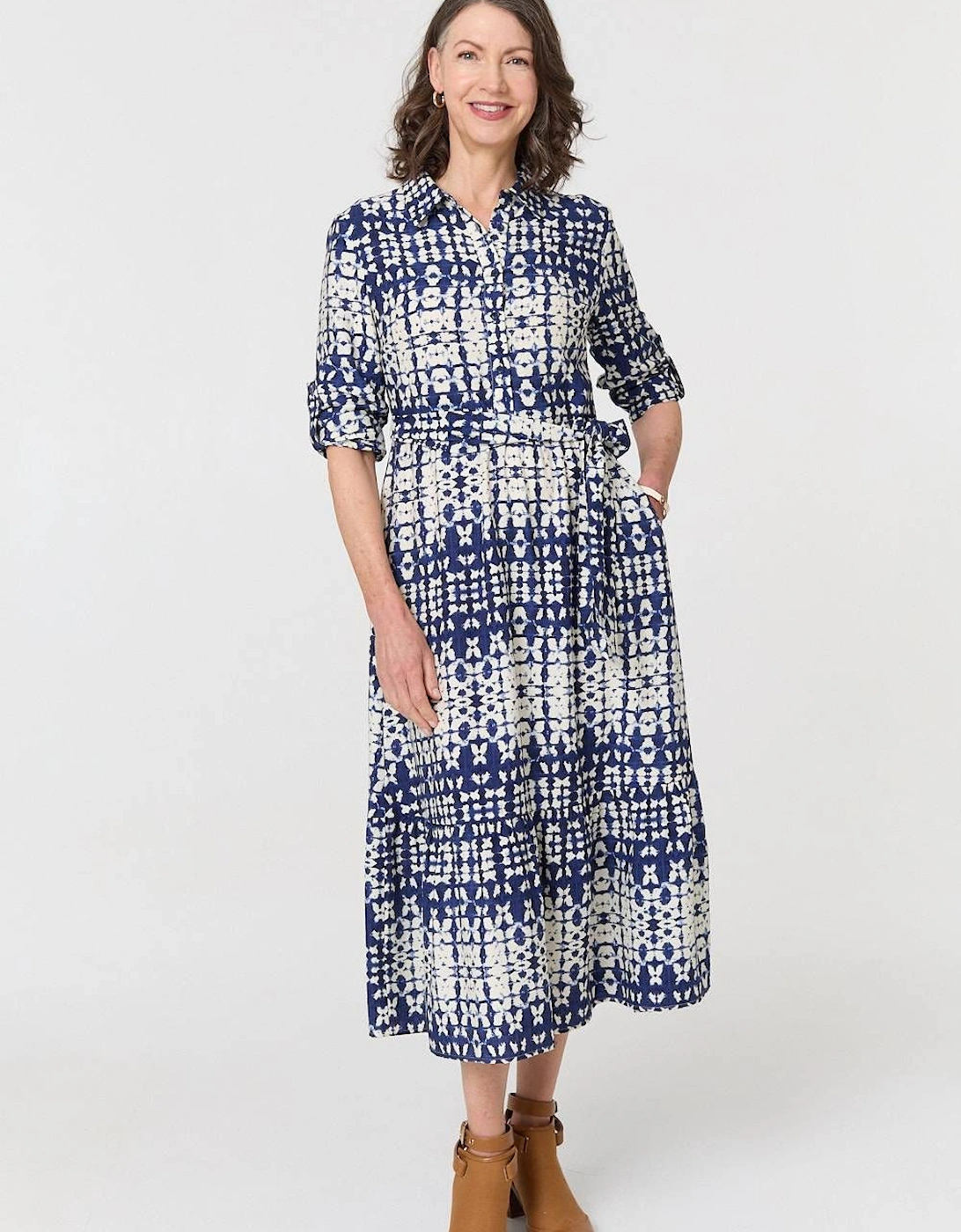 Printed Tie Front Midi Shirt Dress, 2 of 1