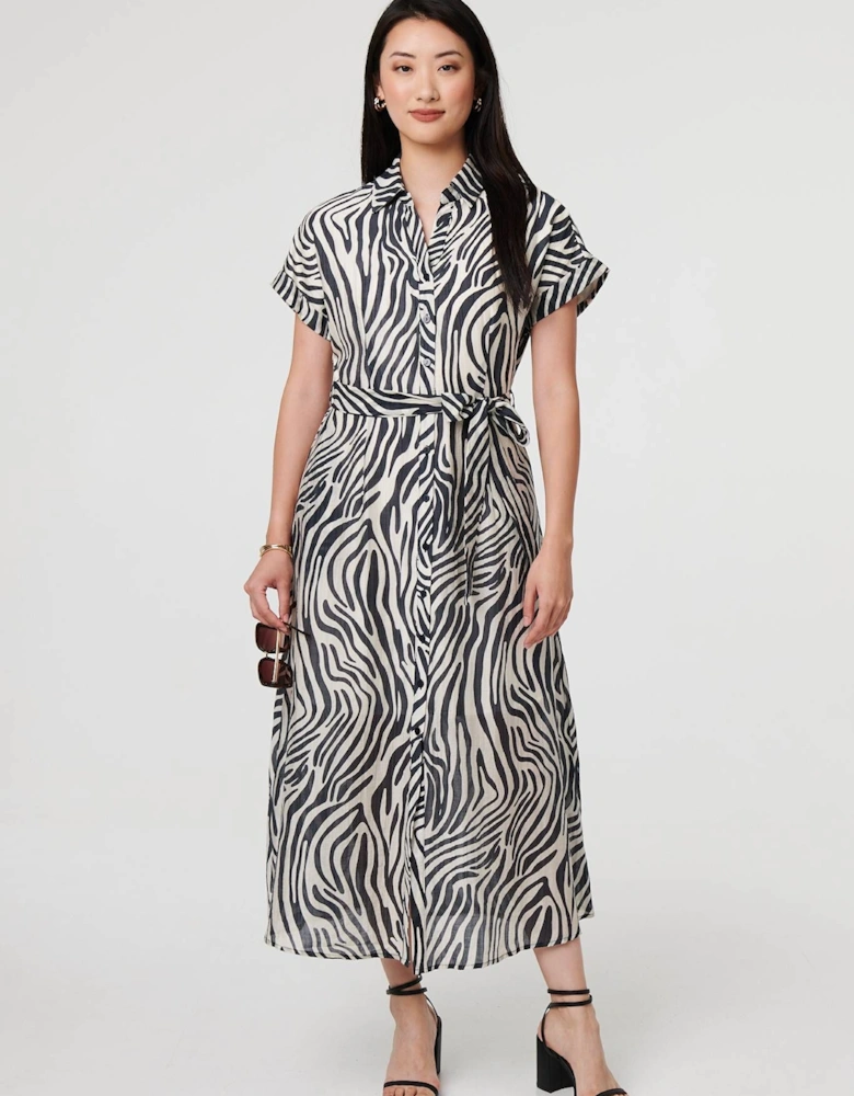 Zebra Print Tie Waist Midi Shirt Dress