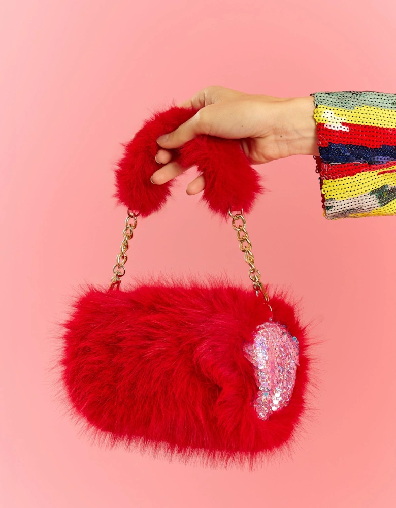 Red Bamboo Loycell Faux Fur Sequins Bag