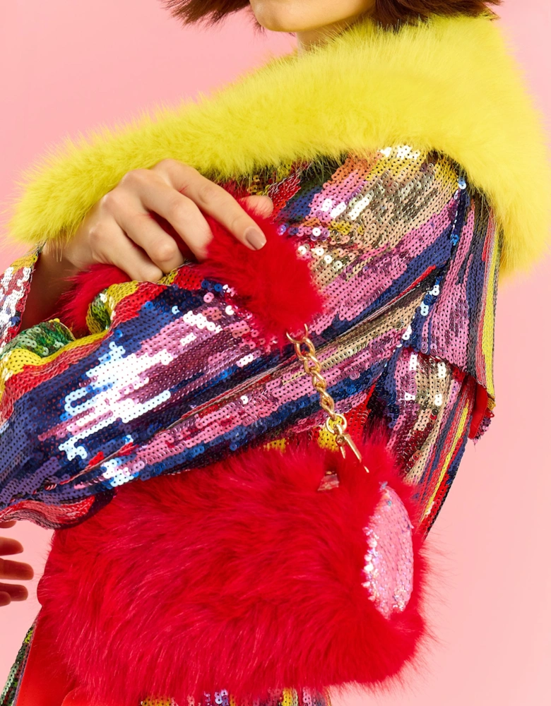 Red Bamboo Loycell Faux Fur Sequins Bag