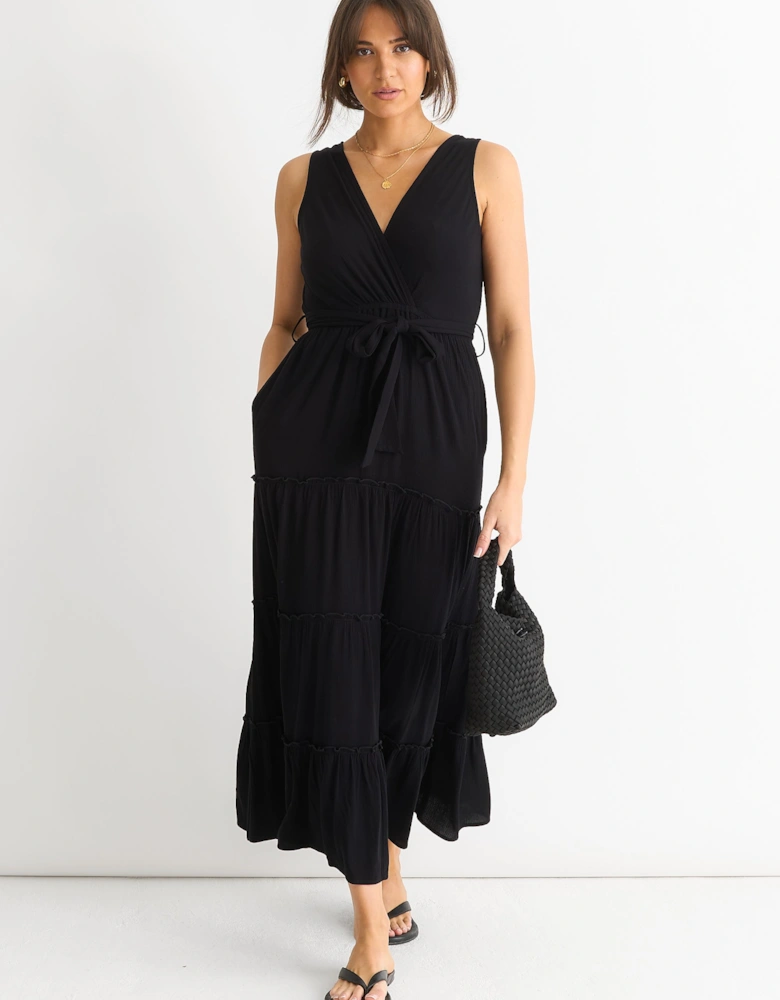 Black Viscose Wrap Tiered Maxi Dress