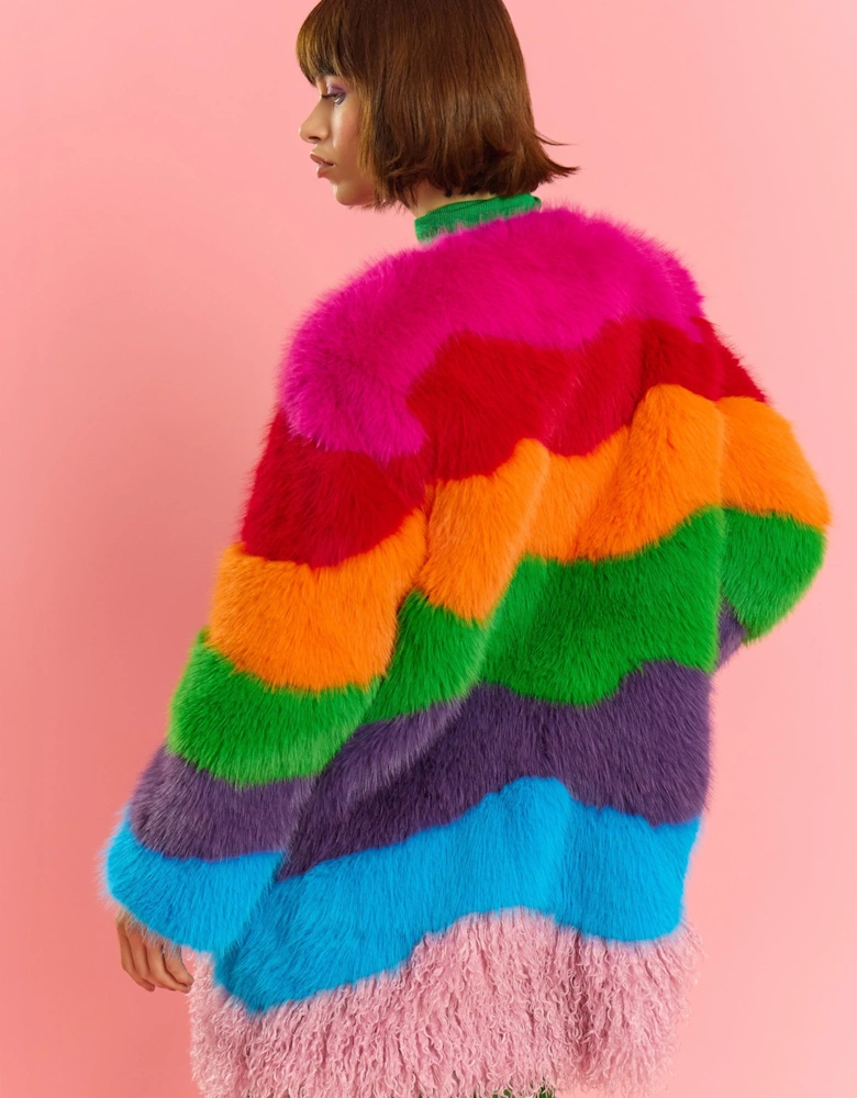 Multi Coloured Hand Made Rainbow Bamboo Faux Fur Midi Coat