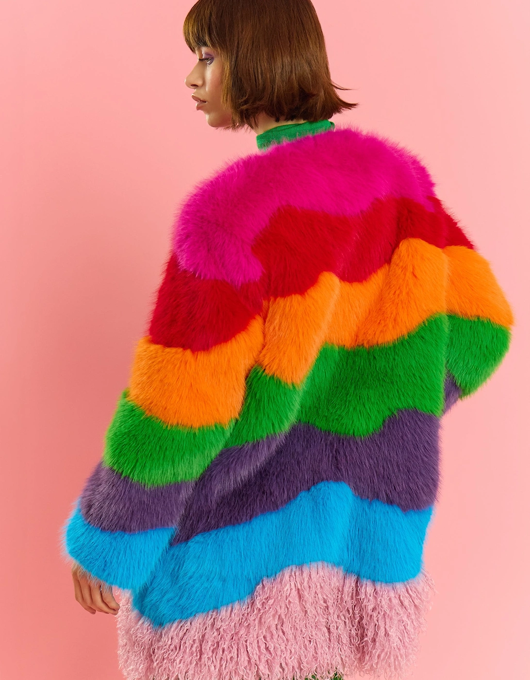 Multi Coloured Hand Made Rainbow Bamboo Faux Fur Midi Coat