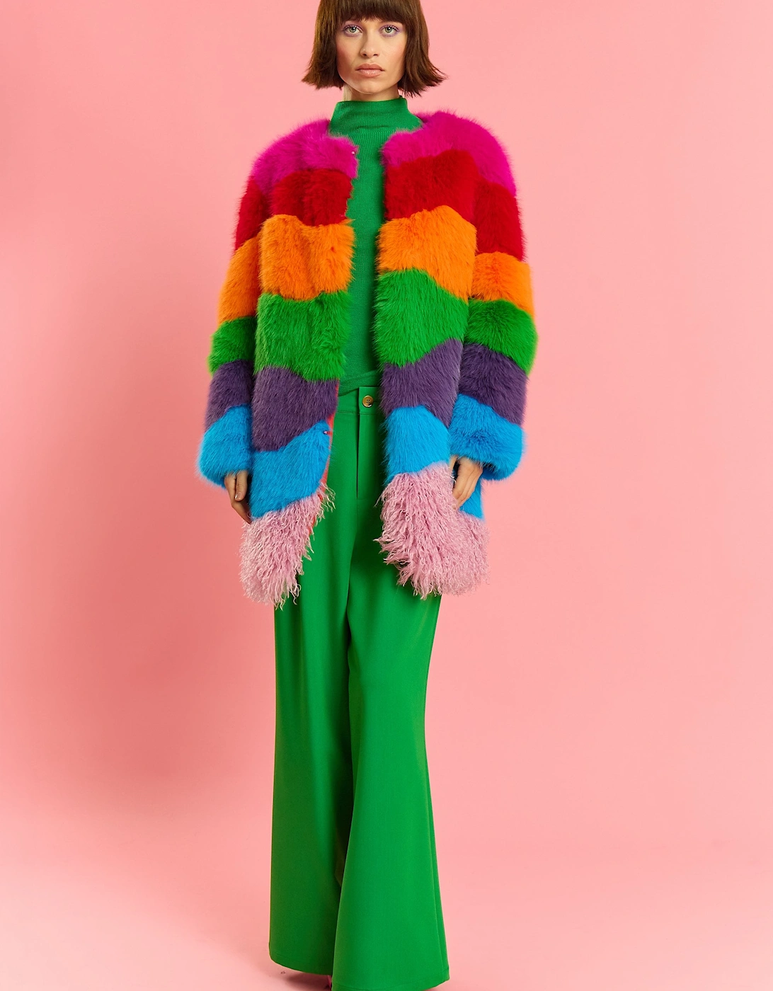 Multi Coloured Hand Made Rainbow Bamboo Faux Fur Midi Coat, 5 of 4