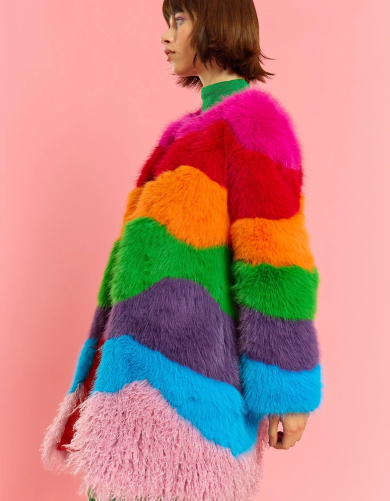 Multi Coloured Hand Made Rainbow Bamboo Faux Fur Midi Coat