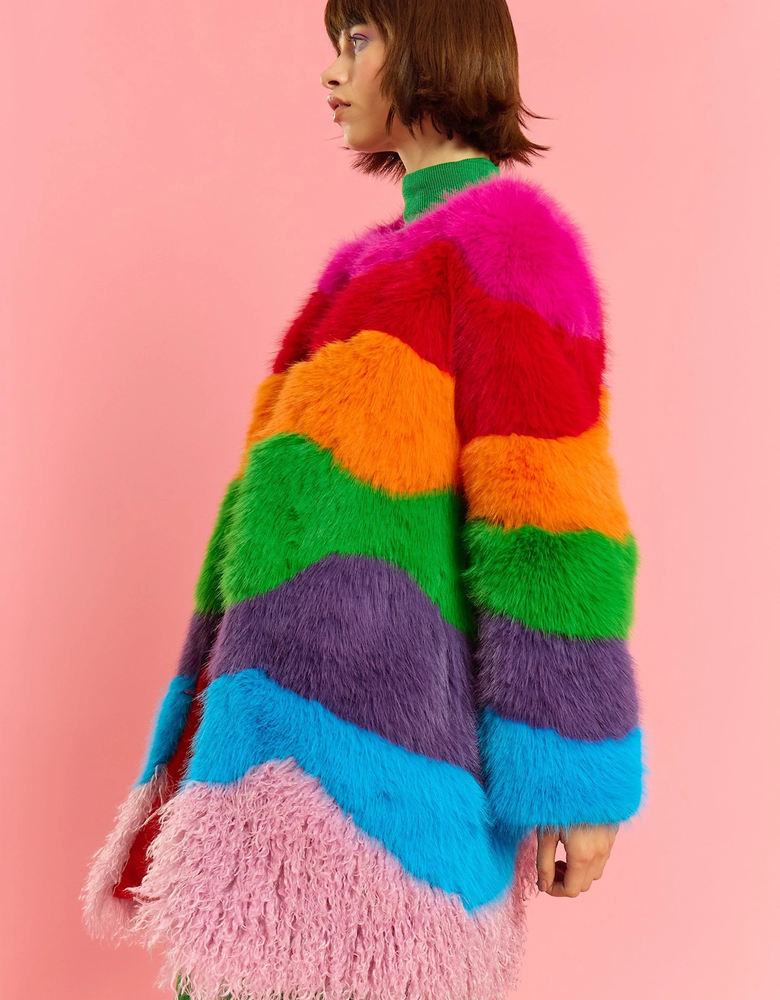 Multi Coloured Hand Made Rainbow Bamboo Faux Fur Midi Coat