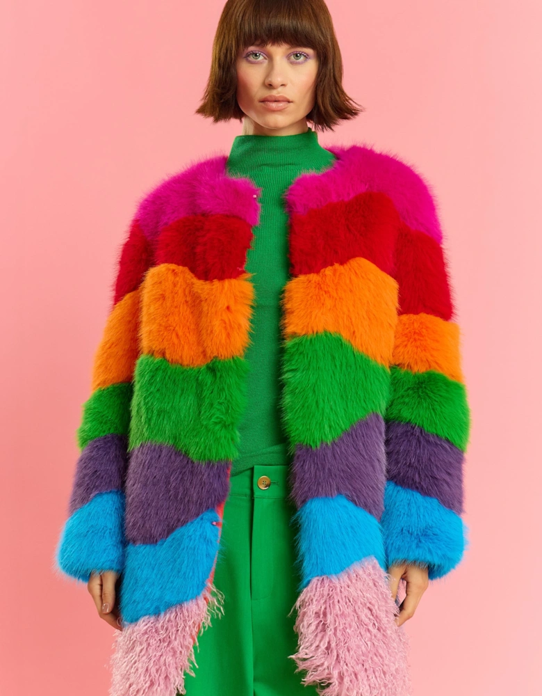 Multi Coloured Hand Made Rainbow Bamboo Faux Fur Midi Coat