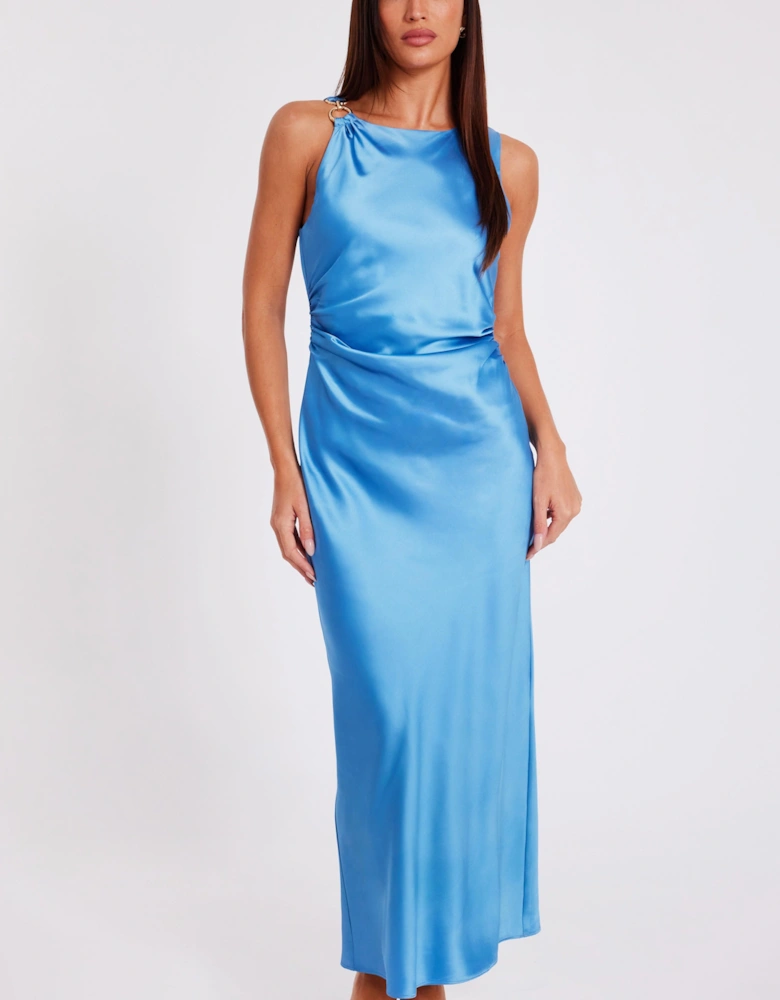 Blue Satin Ruched Midaxi Dress