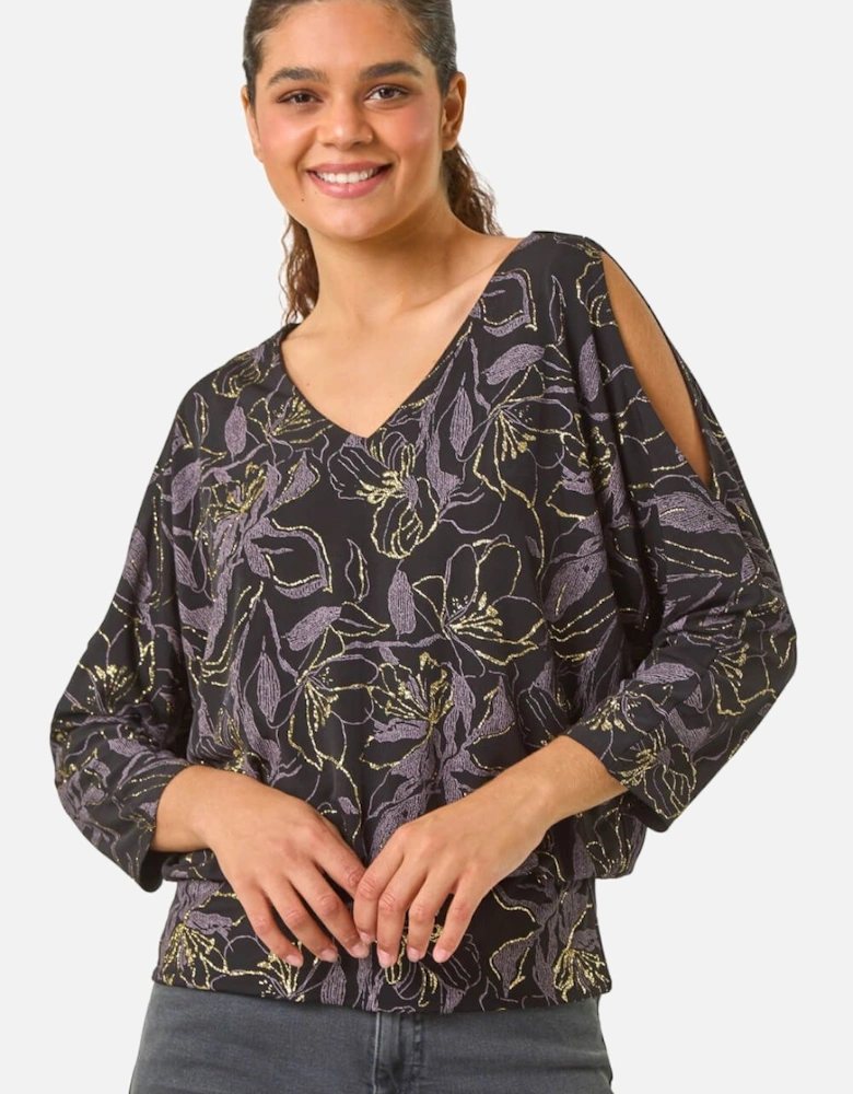 Sparkle Floral Print V-Neck Banded Hem Top
