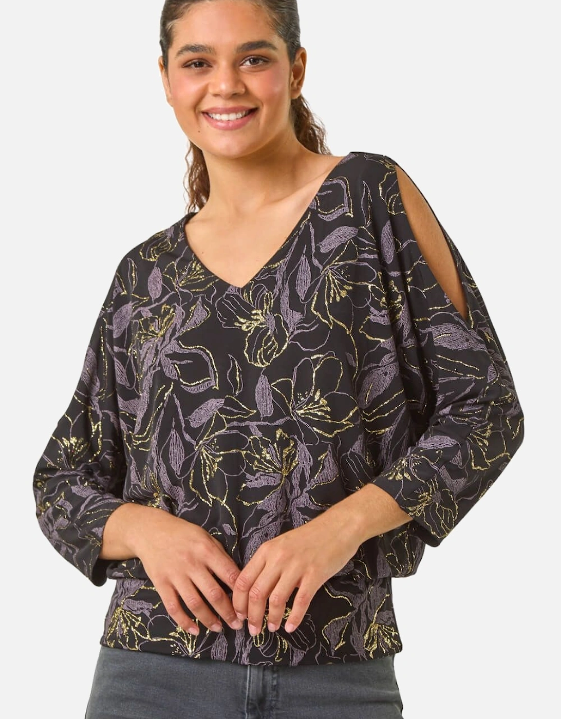 Sparkle Floral Print V-Neck Banded Hem Top, 2 of 1