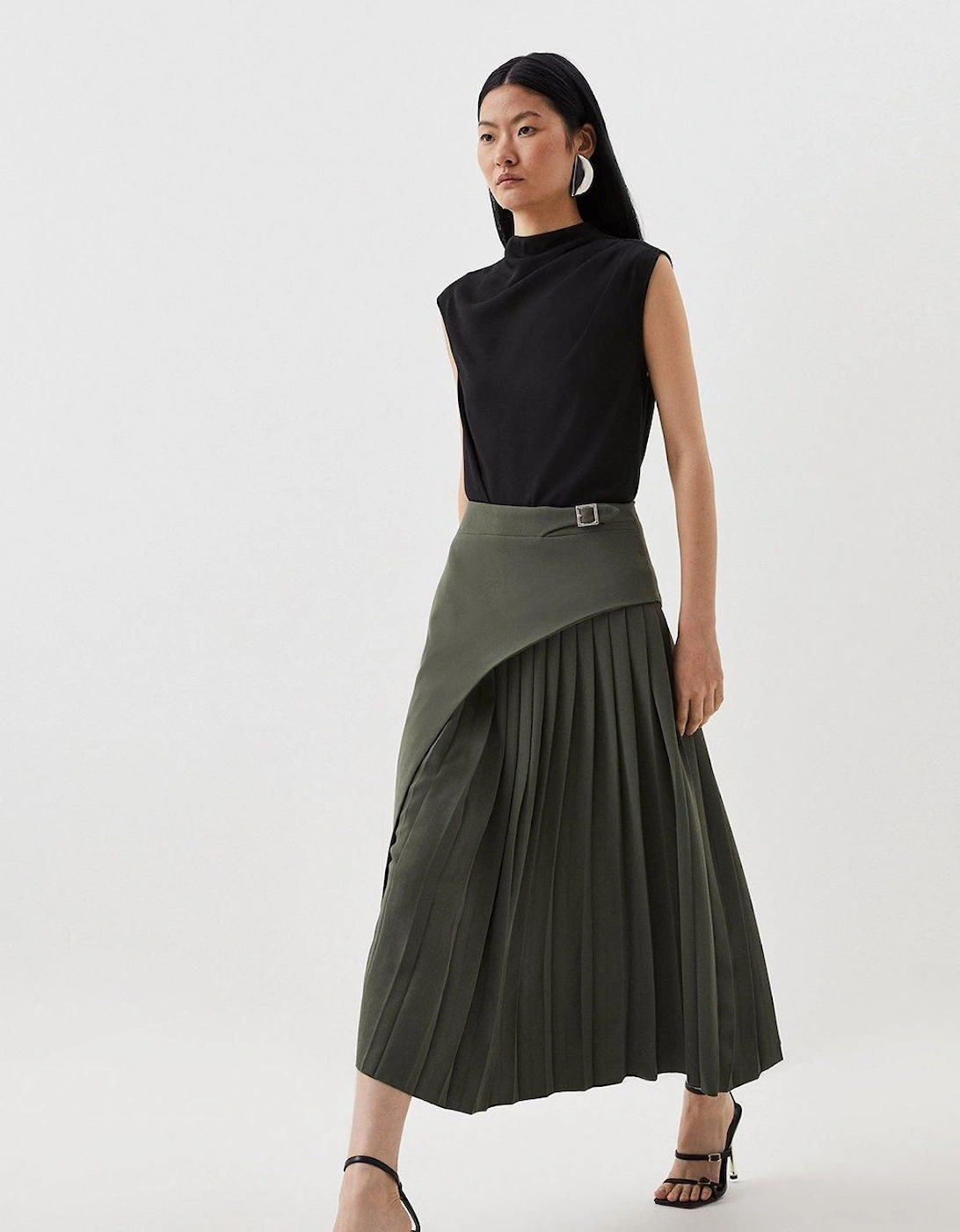 Tailored Buckle Detail Pleated Midi Skirt, 2 of 1
