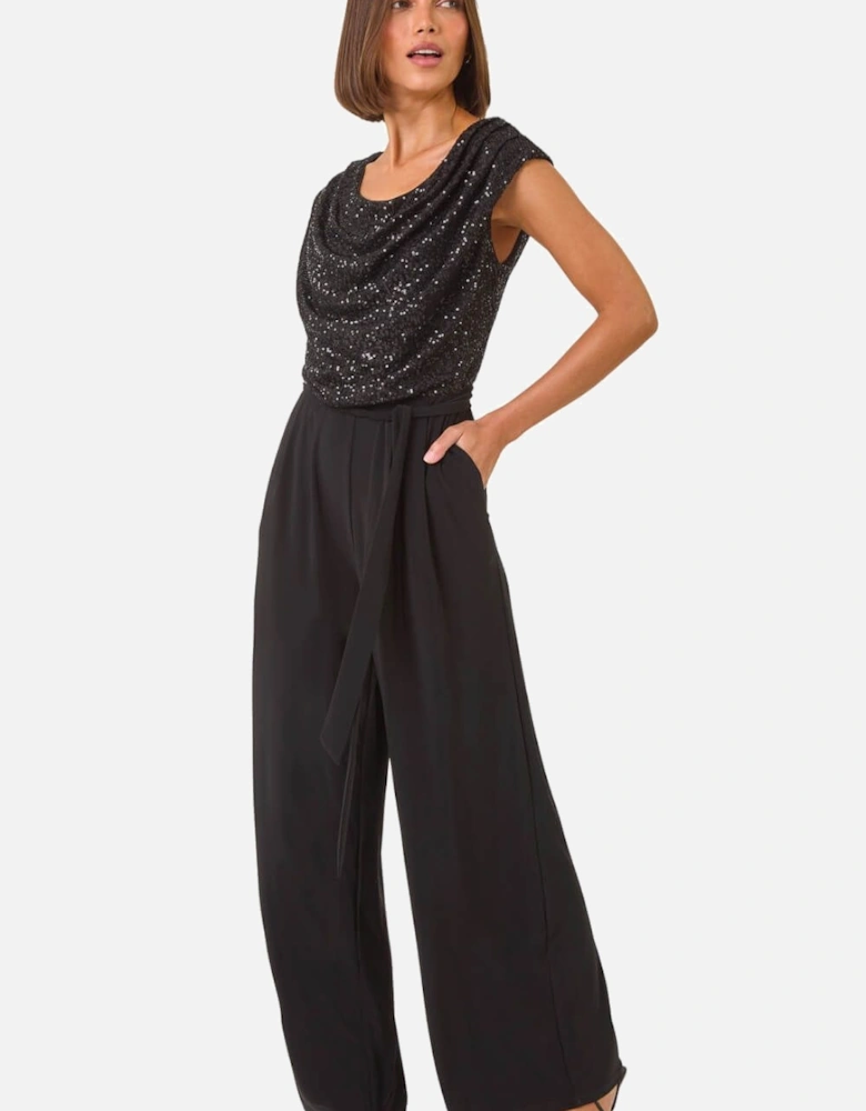 Sequin Bodice Cowl Neck Jumpsuit