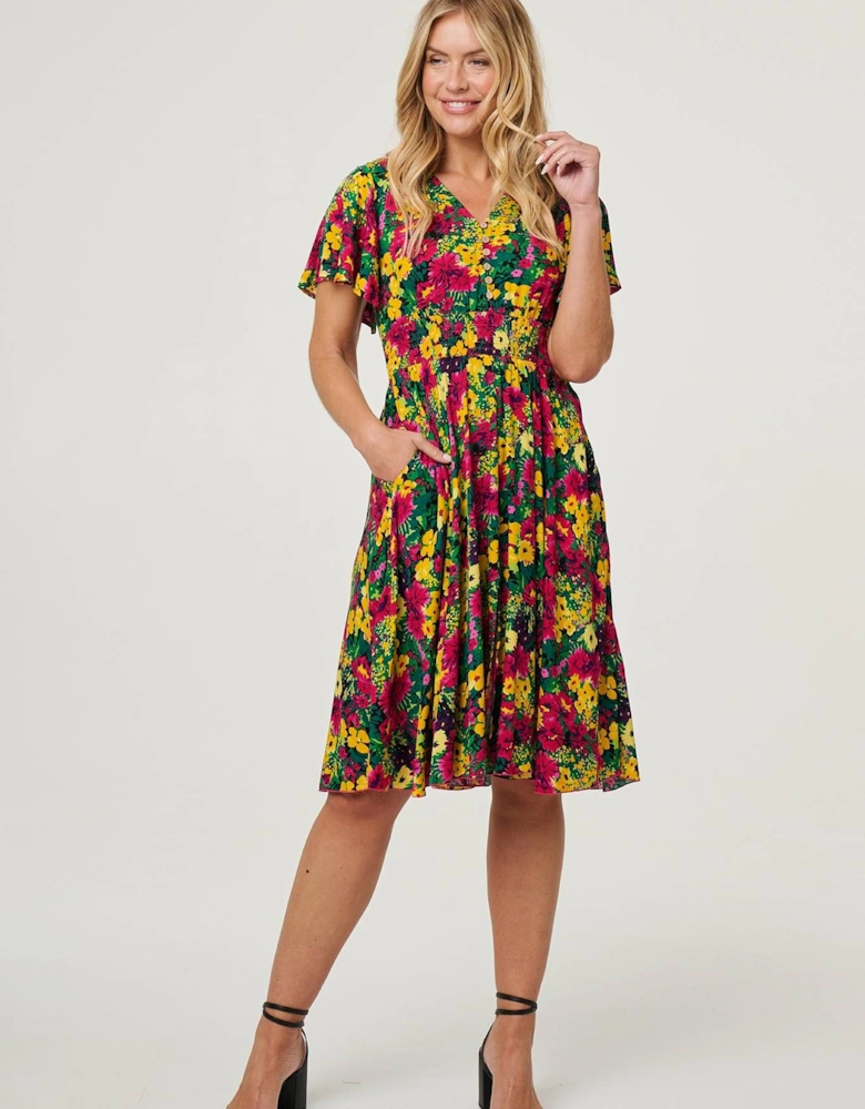 Floral Shirred Short Sleeve Midi Dress