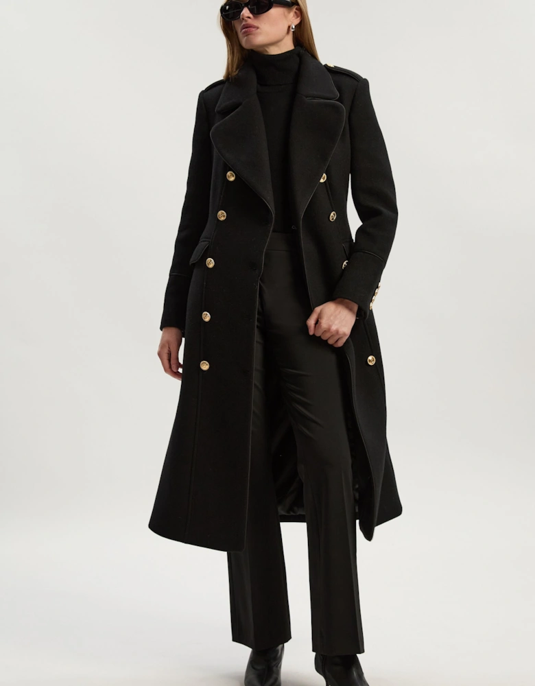 Wool Double Breasted Military Tailored Midi Coat