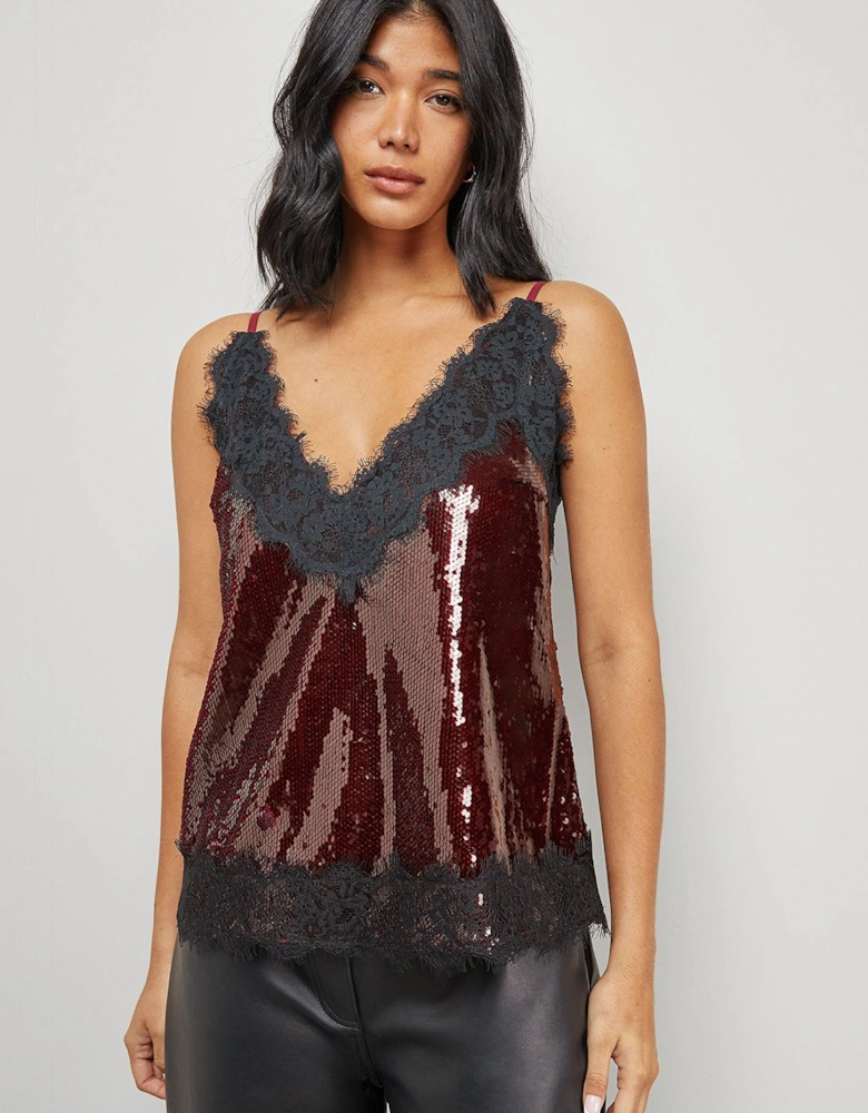Sequin Lace Trim High Apex Cami Top