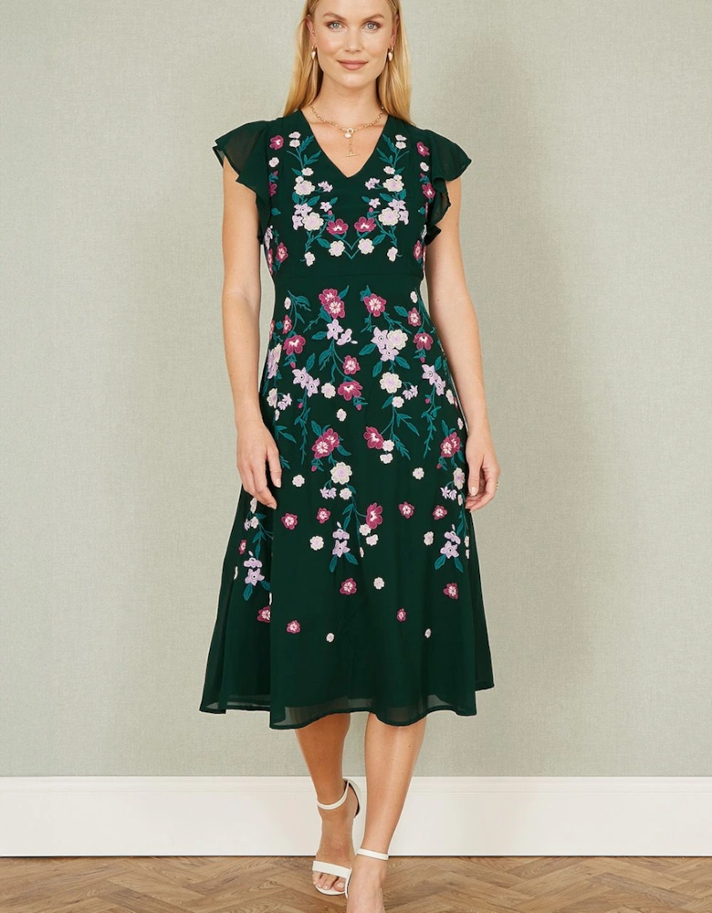 Green All Over Floral Embroidery Midi Skater Dress
