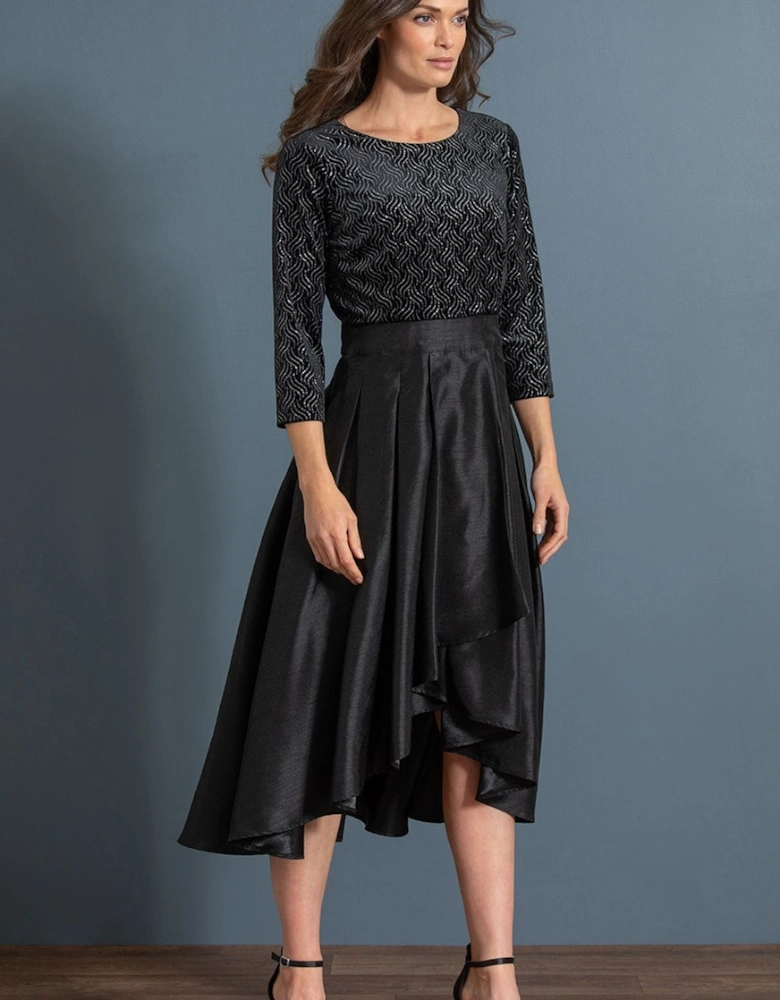 Shimmer Velour Bodice Dip Hem Midi Dress