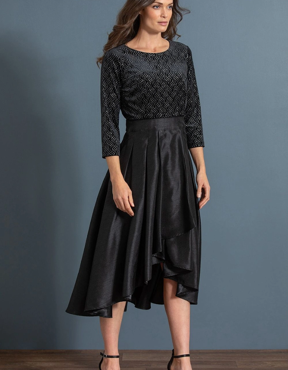 Shimmer Velour Bodice Dip Hem Midi Dress, 2 of 1