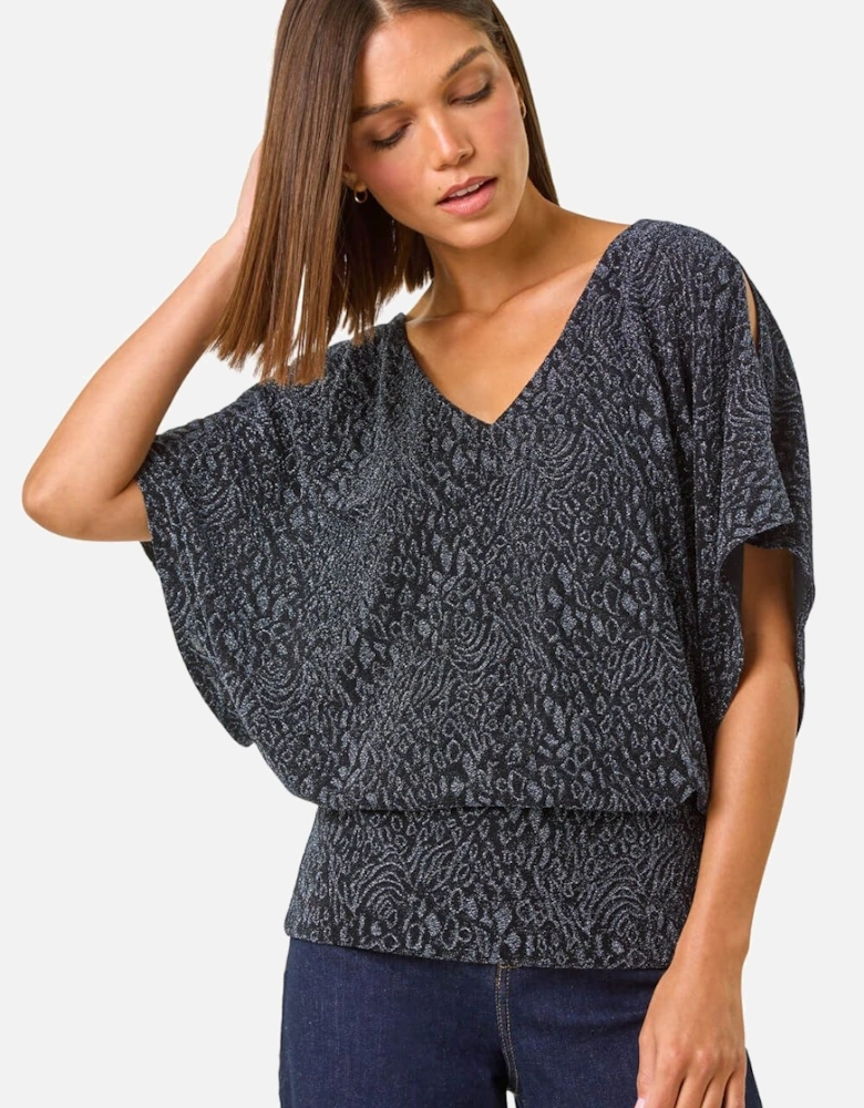 Glitter Animal Print Banded Hem Stretch Top