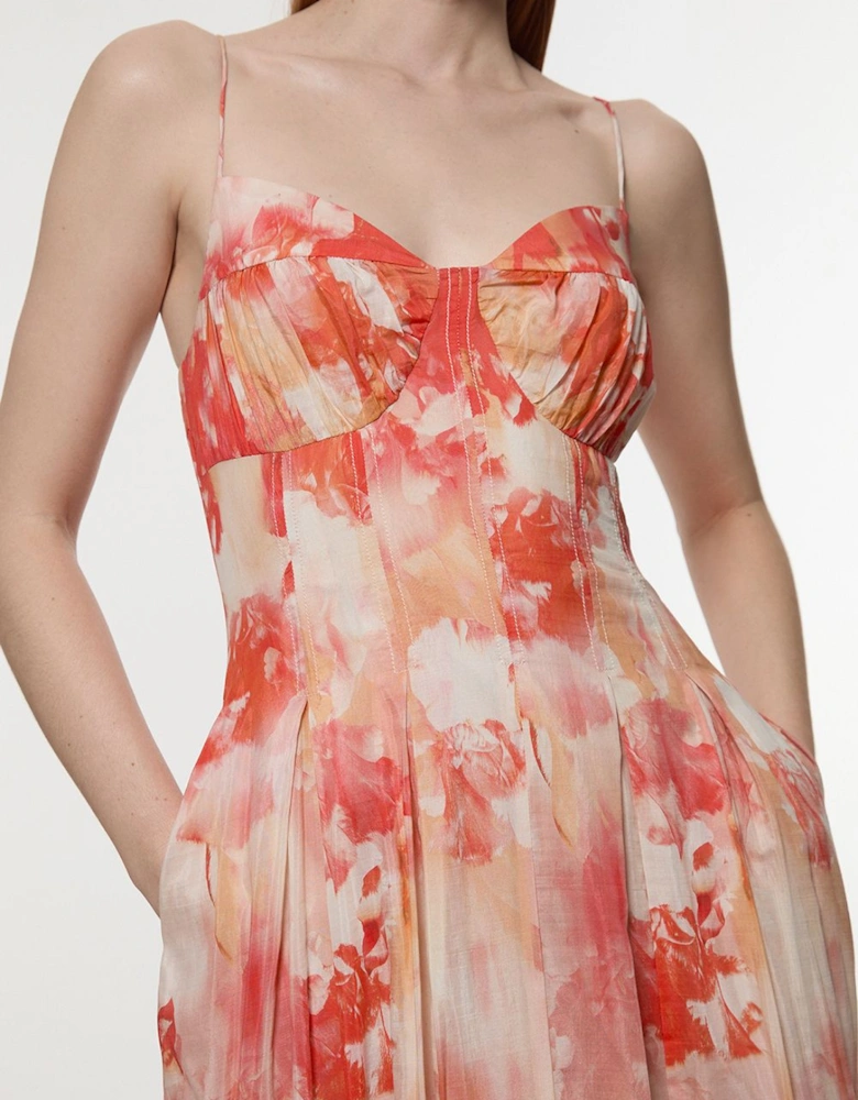 Silk Cotton Trailing Floral Strappy Midi Dress