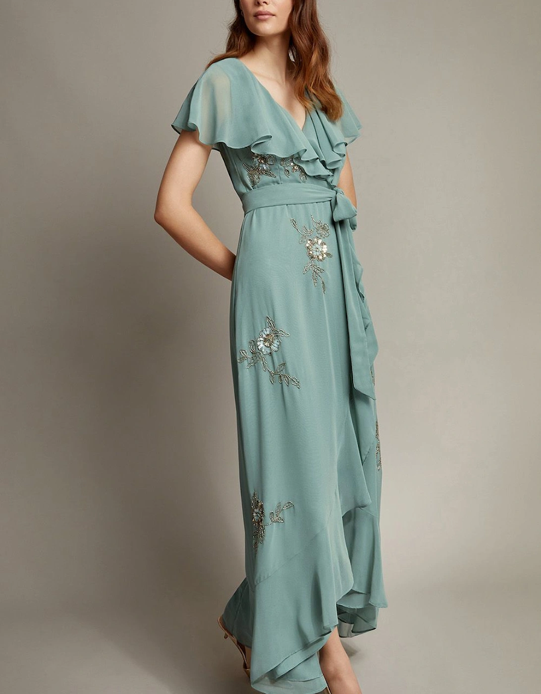 Ausha Floral Embellished Maxi Wrap Dress Green, 2 of 1