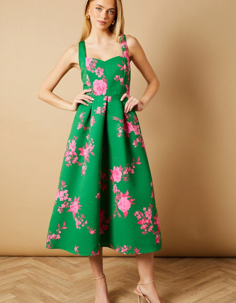 Occasion Floral Strappy Twill Midi Dress