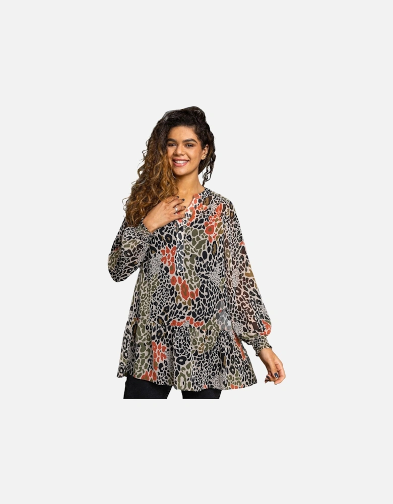 Chiffon Animal Print Peplum Tunic Top