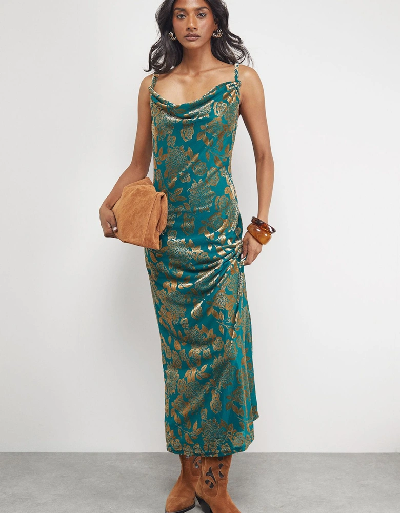 Devore Twist Cowl Neck Bias Midi Slip Dress