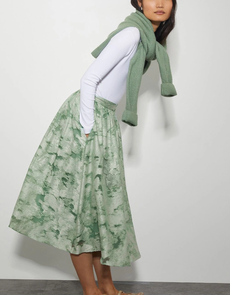 Josie Floral Jacquard Midi Skirt Green