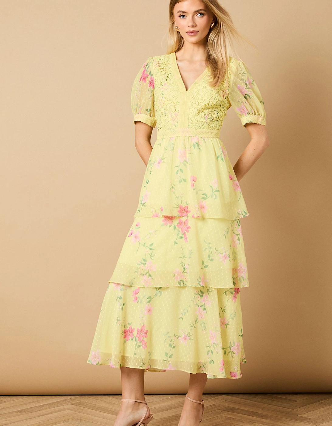 Occasion Floral Lace Bodice Tiered Midi Dress, 2 of 1