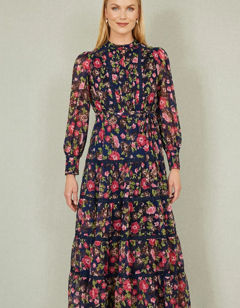 Navy Blossom Print Maxi Dress With Long Sleeves and Lace Trims