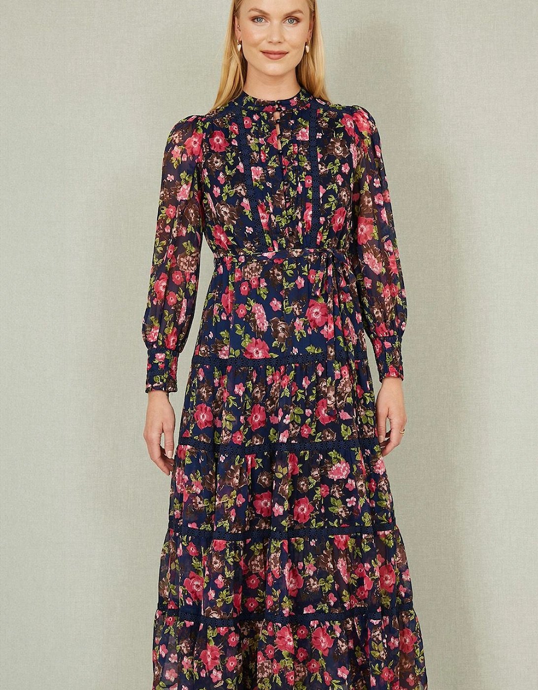 Navy Blossom Print Maxi Dress With Long Sleeves and Lace Trims, 2 of 1