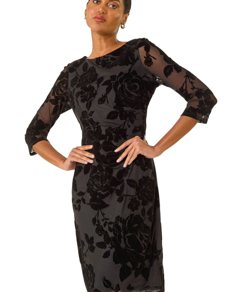Floral Flock Pleat Detail Dress