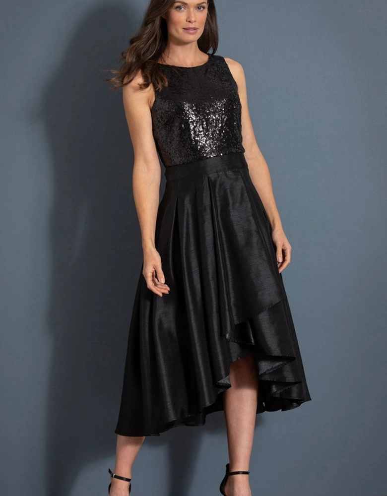 Sequin Bodice Dip Hem Midi Dress