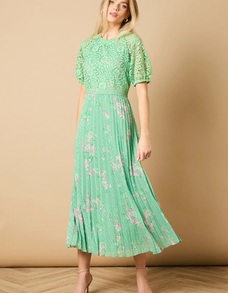 Occasion Floral Lace Bodice Pleated Midi Dress