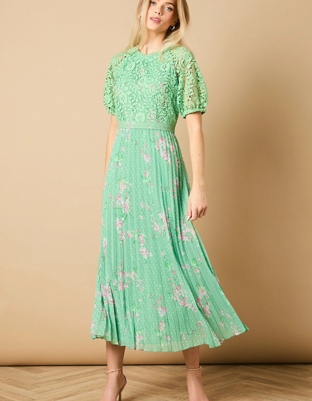 Occasion Floral Lace Bodice Pleated Midi Dress, 2 of 1