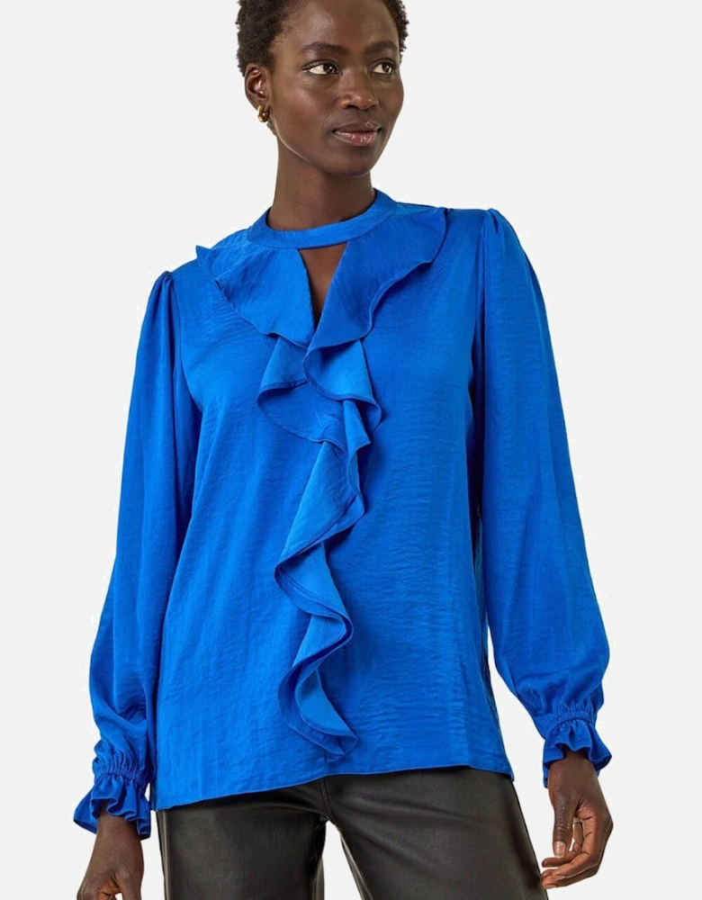 Ruffle Front Keyhole Satin Top