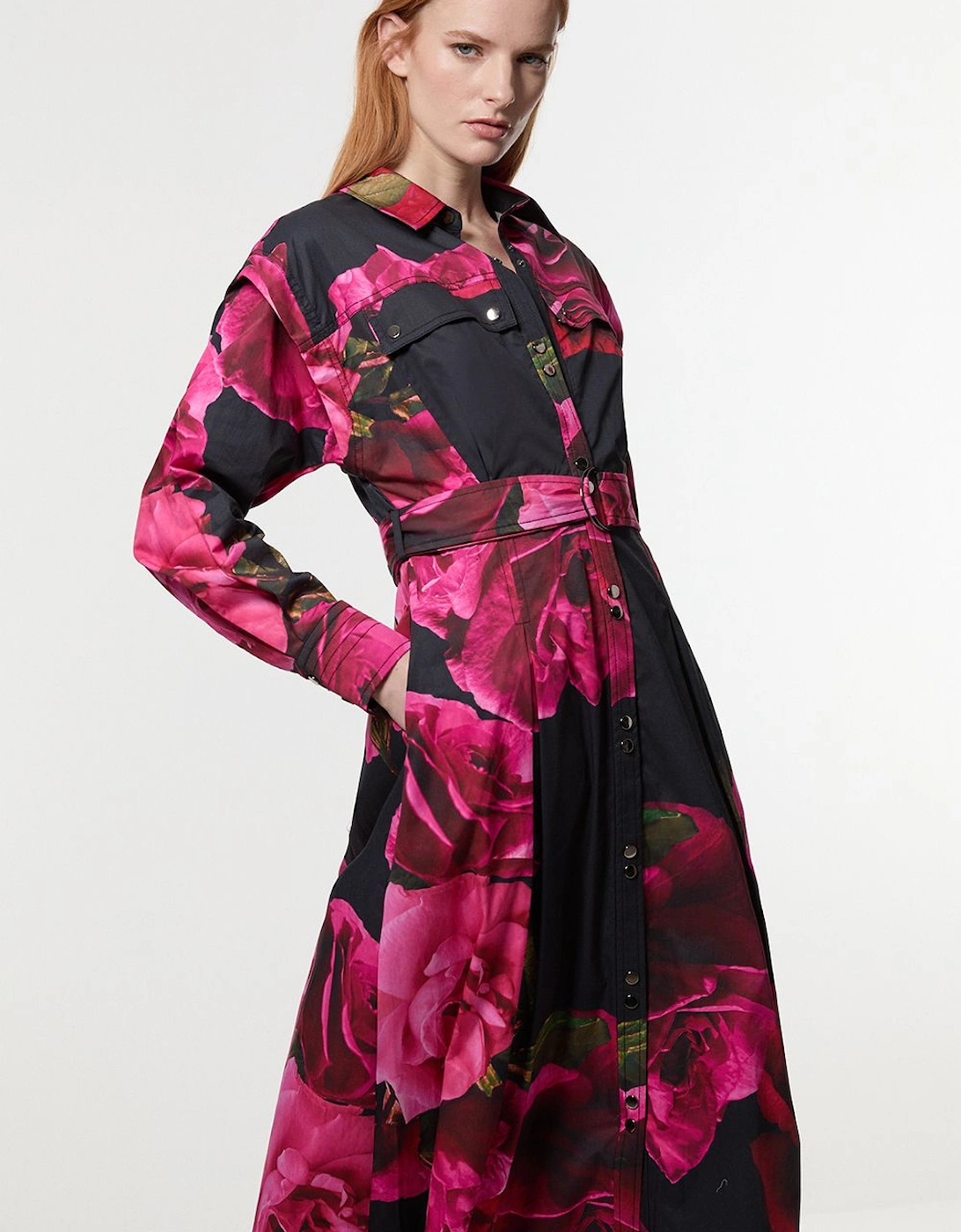 Placed Floral Cotton Sateen Shirt Dress, 2 of 1