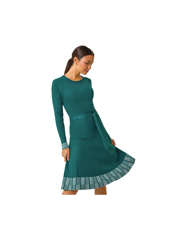 Ribbed Stretch Knit Border Print Dress
