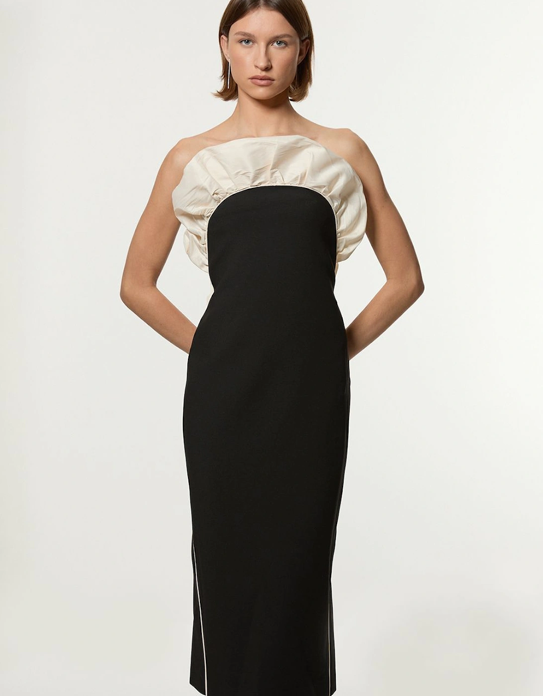 Ruffle Taffeta Compact Stretch Bandeau Tailored Midi Dress, 2 of 1