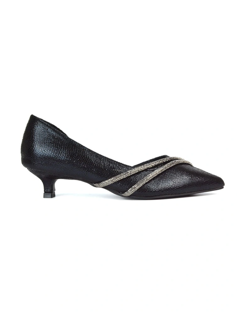 'Kirsty' Pointed Rhinestone Low Kitten Heel Court Shoes