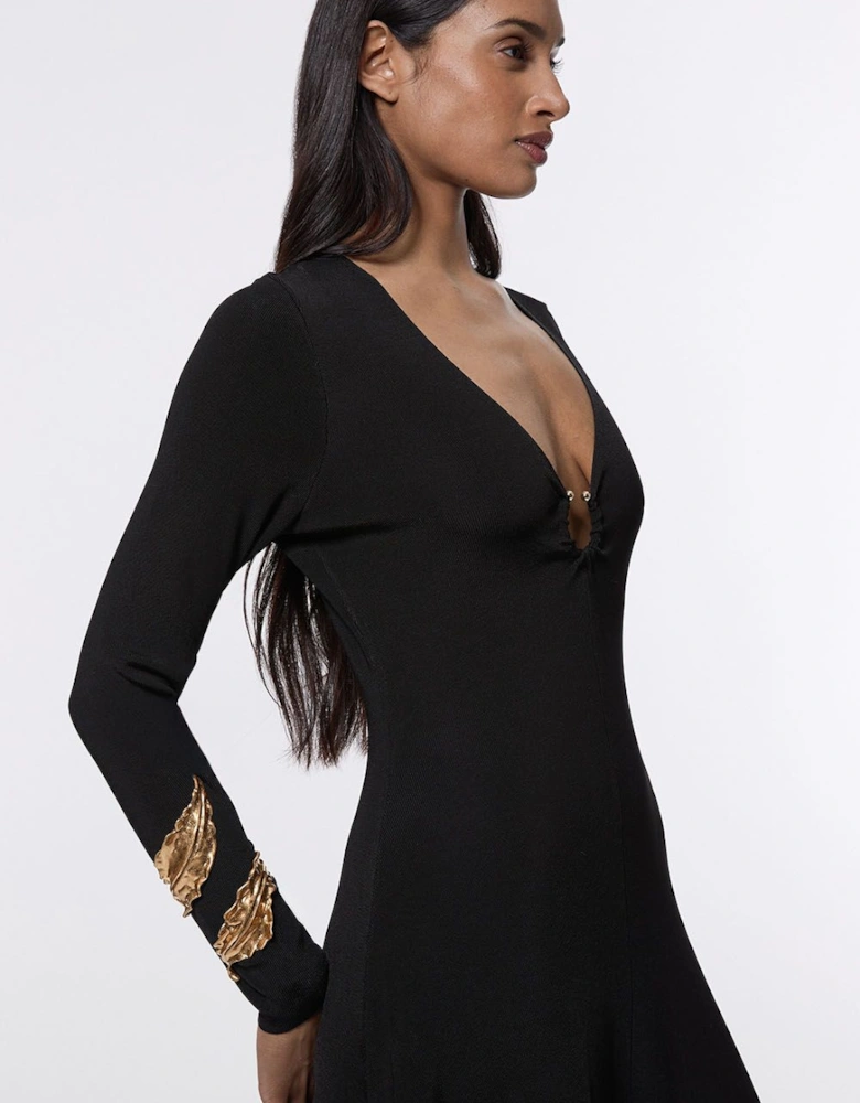 Slinky V Neck Knitted Dress With Hardware Keyring Detail
