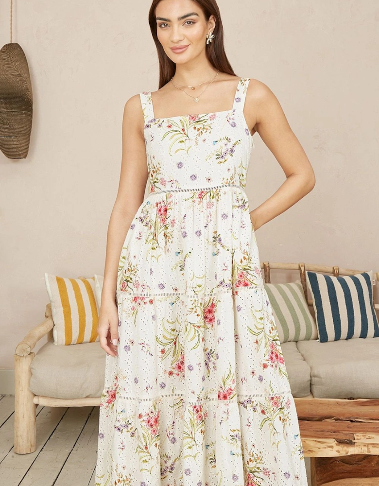 White Floral Broderie Anglaise Midi Sun Dress