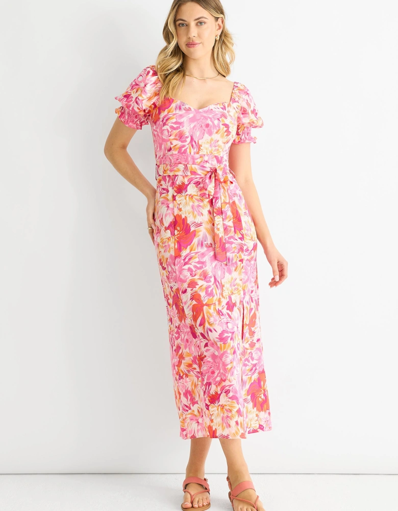 Red Floral Puff Sleeves Belted Midi Dress