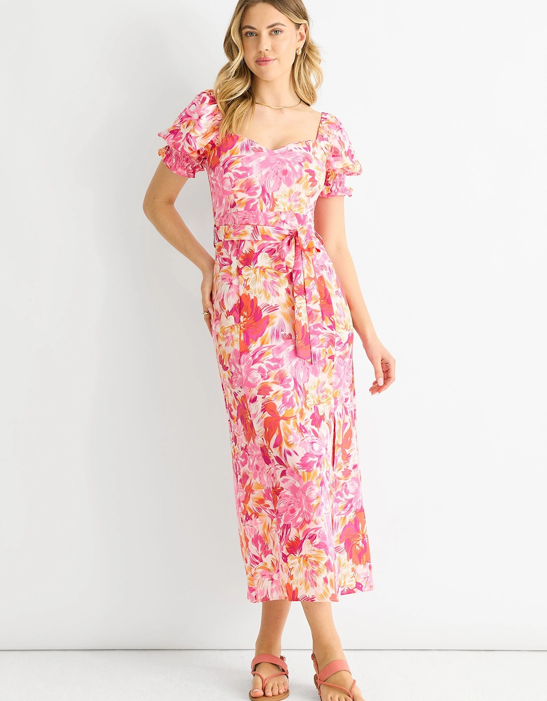 Red Floral Puff Sleeves Belted Midi Dress, 2 of 1
