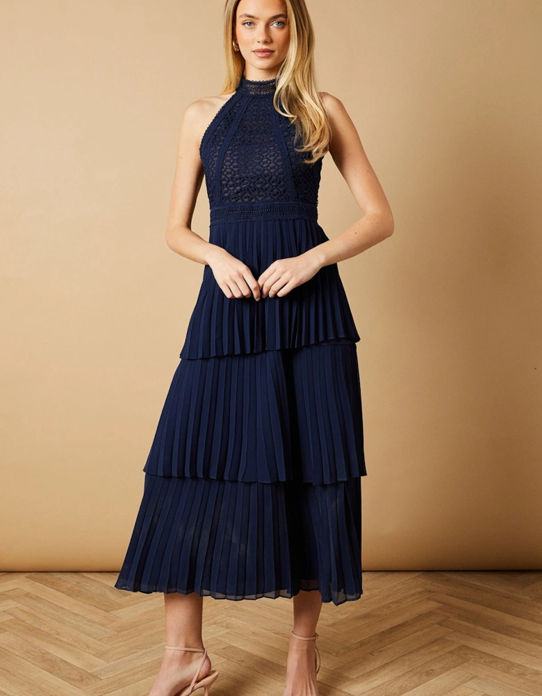 Lace Sleeveless Pleated Tiered Midaxi Dress