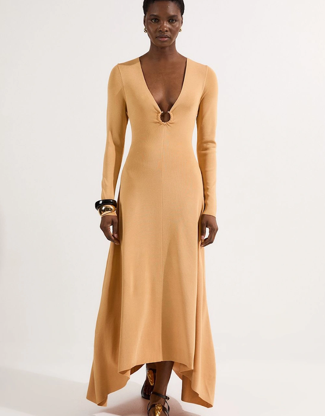 Slinky V Neck Knitted Dress With Hardware Keyring Detail, 2 of 1