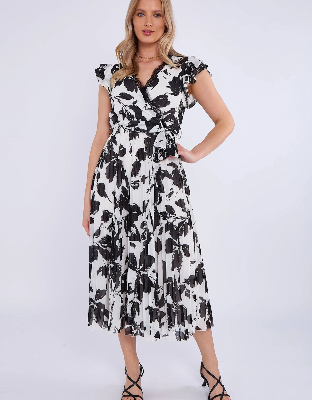 Lace Trim Mono Pleated Wrap Midi Dress, 2 of 1